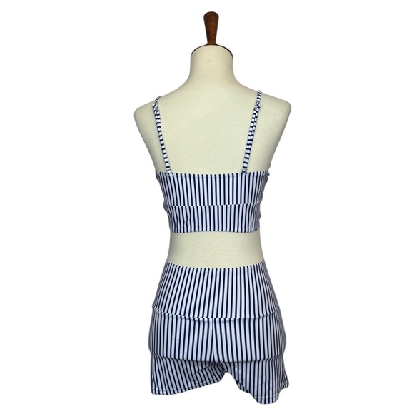 Sporty Blue and White Striped Drawstring Bikini with Boy Shorts - Picture 11 of 14